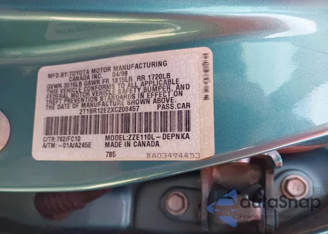 1999 Toyota Corolla Le z USA, uszkodzony, nr VIN 2T1BR12E2XC208457